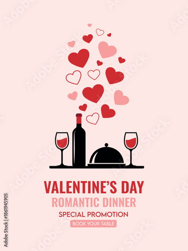 Romantic dinner for two with wine and hearts illustration for valentines day special promotion
