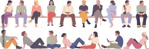Flat vector illustration of diverse group of people sitting on bench and floor, casual poses, isolated on white background.