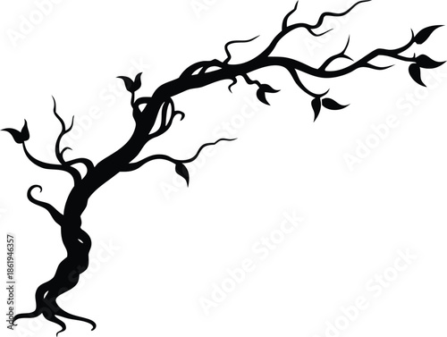 Twisted decorative tree branch silhouette, Winding gothic floral corner element