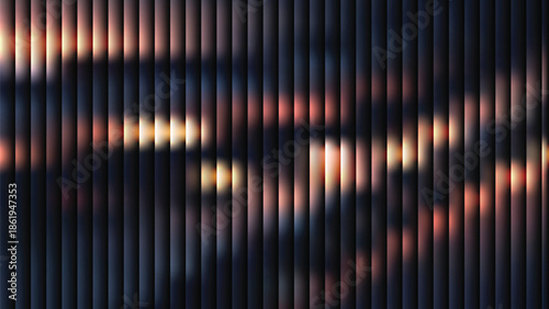 Glass ripple texture with dark gradient background and lilac light streaks. Futuristic distortion, moody abstract glow, reeded vertical blur. Vector illustration EPS