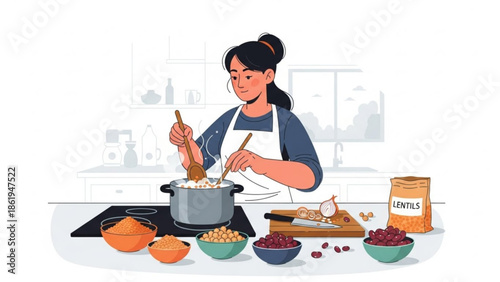 Woman Cooking Stew in Kitchen with Ingredients and Spices