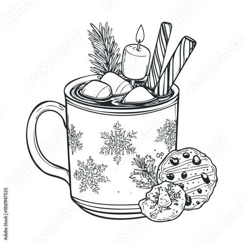 Wholesome holiday hot cocoa with floating marshmallows, a lit candle, pine branch, and delicious cookies ideal for seasonal greetings and festive menu visuals