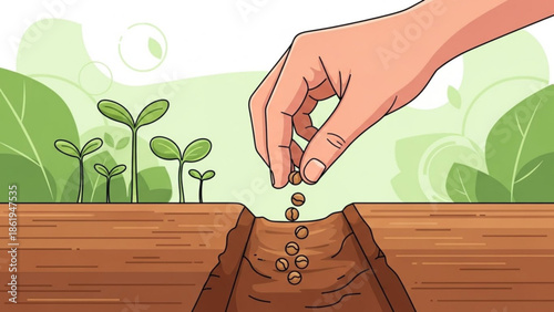 Hand Planting Seeds in Soil with Green Seedlings Growing
