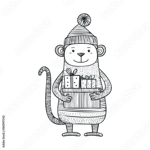 Adorable handdrawn monkey character wearing a winter hat and sweater, cheerfully holding a stack of festive gifts, perfect for holiday greetings and childrens celebrations.
