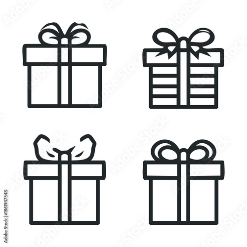 A collection of simple outline gift boxes with various bow designs perfect for holiday greetings, birthday celebrations, or special occasion promotions and digital graphics
