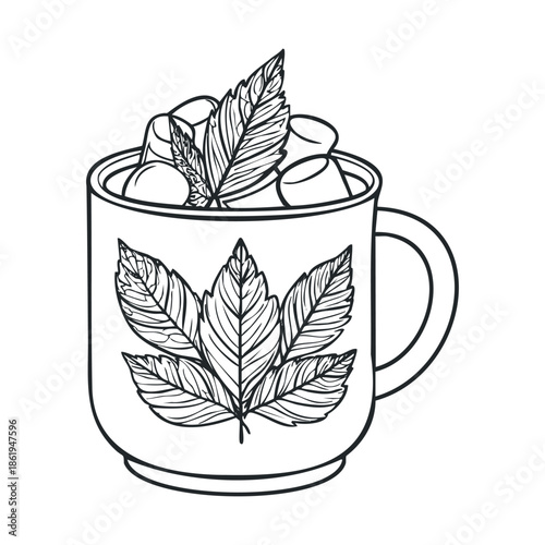 Black and white line drawing depicting a cozy warm beverage in a mug adorned with a distinctive marijuana leaf design, topped with soft marshmallows and fresh mint, perfect for herbal drink