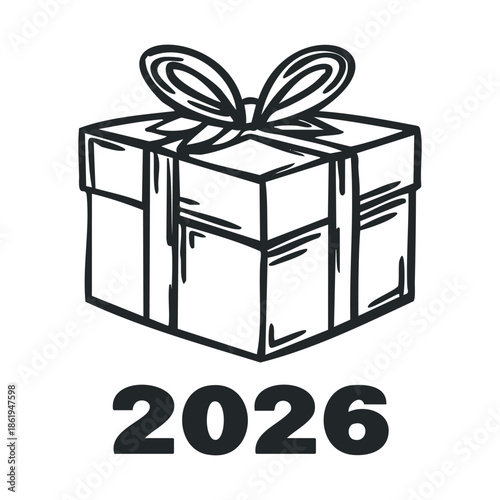 Festive gift box sketch with a decorative bow and the year 2026, perfect for New Year celebrations, annual event invitations, future planning, holiday season promotions, or special occasion