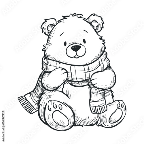 Charming cuddly little bear adorned with a warm classic striped scarf, suitable for cozy nursery decor, seasonal greetings, and delightful textile motifs.