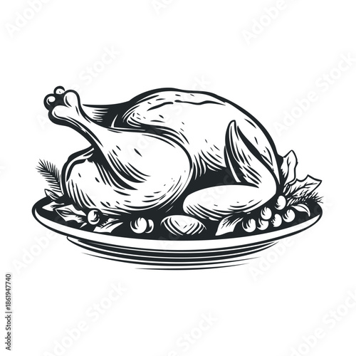 A classic roasted chicken or turkey served on a platter with festive garnishes, perfect for holiday menus, dinner party invitations, or vintage culinary promotions.