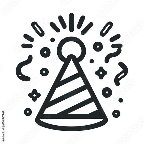 Celebratory striped party hat icon surrounded by exploding confetti and stars, perfect for birthday invitations, event promotions, and festive greeting artwork.