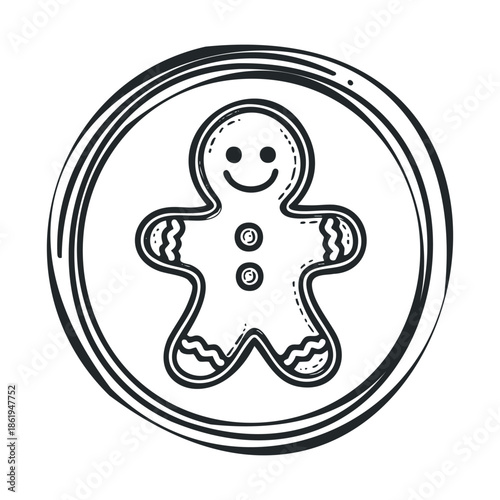 Traditional gingerbread man cookie character with a cheerful smile inside a hand drawn circular frame perfect for festive winter holiday designs and seasonal graphics