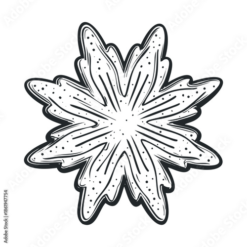 Abstract handdrawn ornamental symmetrical floral burst motif offering a unique decorative accent for various graphic design projects, stylish invitations, or distinctive branding materials.