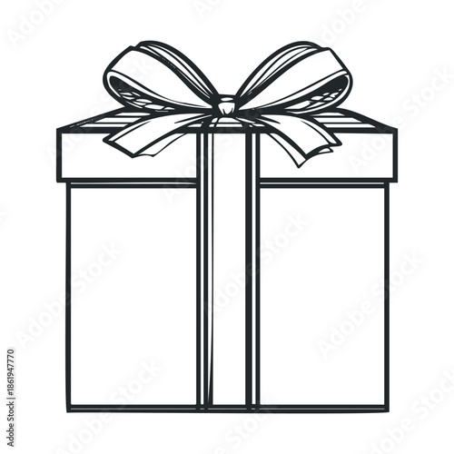 Simple black and white line drawing of a wrapped present with a decorative ribbon bow, perfect for holiday greetings, celebration graphics, or gift shopping promotions.
