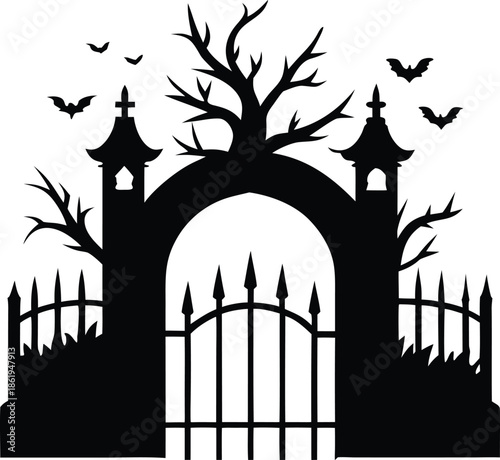 Spooky Halloween Cemetery Gate Silhouette, Creepy Graveyard Entrance Design