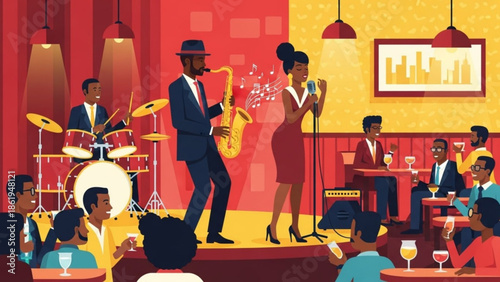 Jazz Band Performing on Stage in Luxury Restaurant during Dinner