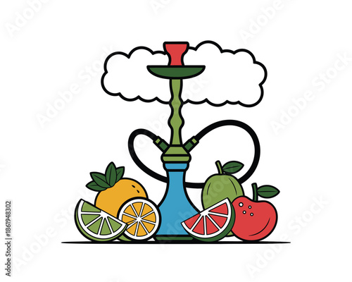 A colorful illustration of a hookah with various fruits like oranges, limes, and apples.