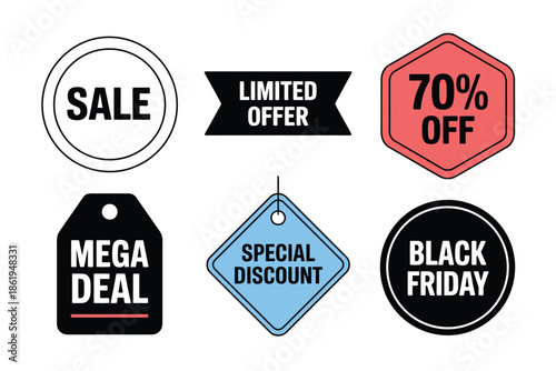 A collection of diverse sale and discount tags and labels for retail.