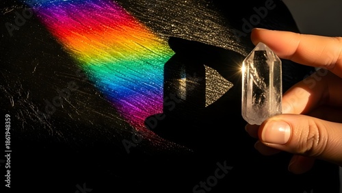 Hand Holding Crystal Prism with Rainbow Reflection