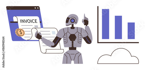 Robot processes digital invoice with dollar coin, next to bar chart and cloud. Ideal for technology, automation, finance, AI, machine learning, cloud computing business insights. Flat simple