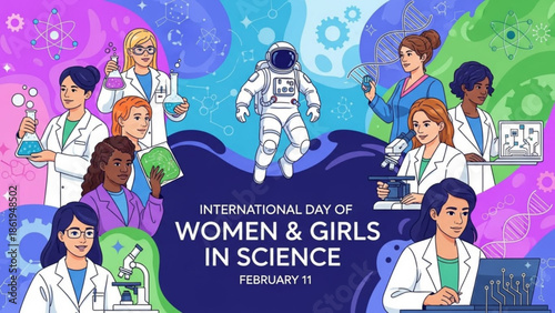 Diverse Women and Girls in Science Lab Working on Experiments with Astronaut