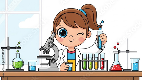 Young Female Scientist Conducting Experiment in Laboratory with Test Tubes and Microscope