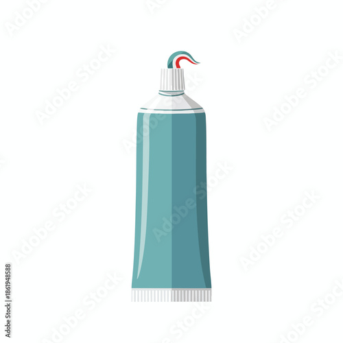 An illustrated turquoise tube with toothpaste squeezed from the top, on a white background