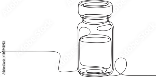 A minimalist, continuous line drawing of a small glass vial with a cap and internal liquid.