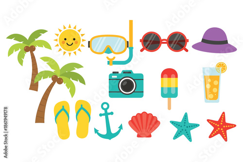 Essential elements for a joyful summer vacation and tropical beach adventure