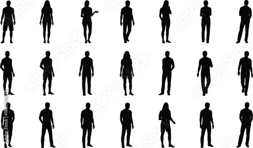 Black Silhouettes of Diverse Standing and Walking People: Men and Women in Various Poses, Isolated on White Background for Architectural and Graphic Design Usage