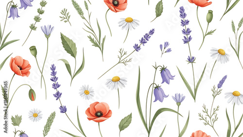 Modern vector watercolor-style floral and nature wallpaper with wildflowers, grasses, and leaves in seamless repeating layout, soft organic background ideal for interiors, textiles, and branding
