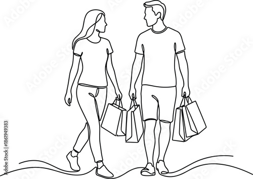 Casual shopping outing, two people walking, carrying bags, black and white sketch, minimalist style, everyday life, fashion, conversation, urban scene