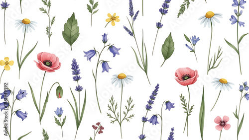 Modern vector watercolor-style floral and nature wallpaper with wildflowers, grasses, and leaves in seamless repeating layout, soft organic background ideal for interiors, textiles, and branding