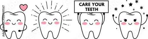 Cute cartoon teeth characters, dental hygiene illustration, smiling tooth icons, oral care concept, kids dental poster, healthy teeth design