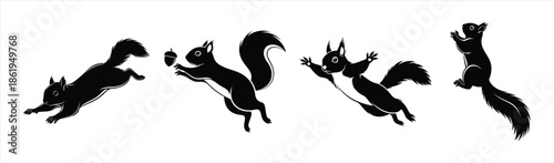 Silhouette of a squirrel in motion, jumping and reaching for a nut