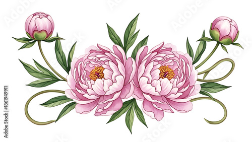 Modern vector watercolor-style floral wallpaper with peonies, leaves, and curved stems arranged harmoniously, elegant botanical nature background for interior and surface design use