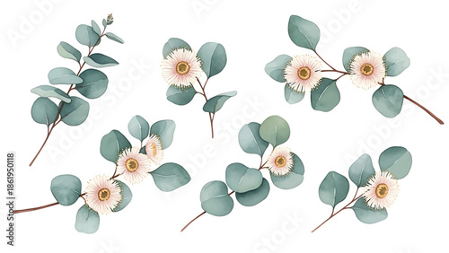 Modern vector watercolor-style botanical wallpaper with eucalyptus branches and delicate blossoms, calming nature-inspired background suitable for interiors, packaging, and lifestyle branding