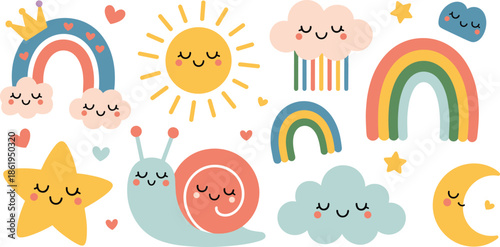 Cute rainbow, smiling sun, happy moon, cheerful stars, colorful clouds, whimsical snail, playful cartoon sky, joyful children illustration, fantasy design