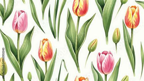 Modern vector watercolor-style floral and nature wallpaper with tulips, grass blades, and buds in fresh spring layout, botanical background for wallpapers and decorative surfaces