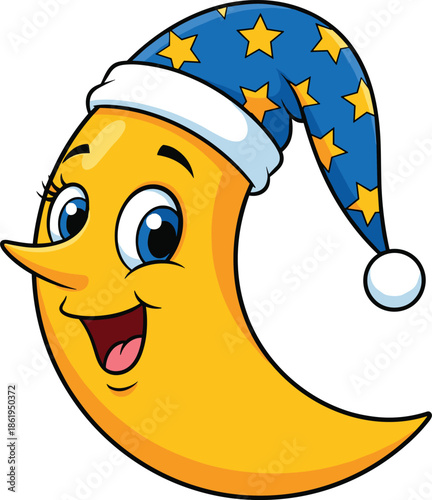 Cute smiling crescent moon wearing blue nightcap with yellow stars, adorable bedtime cartoon illustration perfect for children’s books, nursery themes, and designs