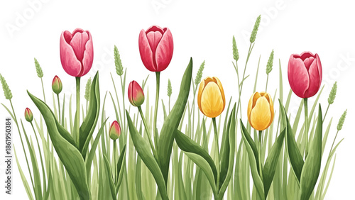 Modern vector watercolor-style floral and nature wallpaper with tulips, grass blades, and buds in fresh spring layout, botanical background for wallpapers and decorative surfaces