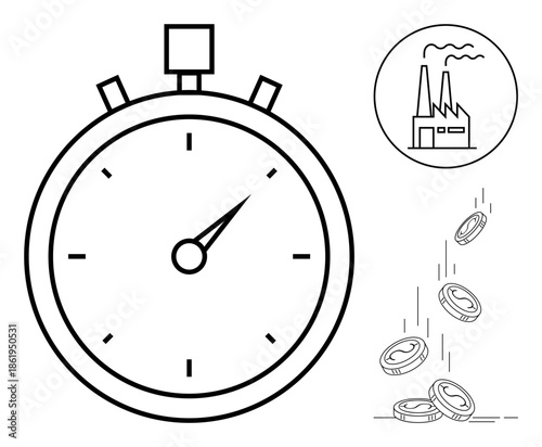 Time management, productivity, cost efficiency, economic growth, manufacturing processes, business analysis. A stopwatch, factory illustration and falling coins. Time management and productivity