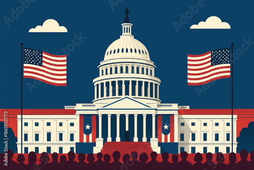 US Capitol building illustration, presidential inauguration day, flat vector, patriotic colors