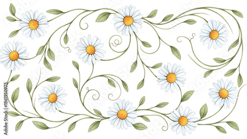 Modern vector watercolor-style floral wallpaper with daisies, vines, and greenery in repeating layout, cheerful nature-inspired background for home decor and surface design