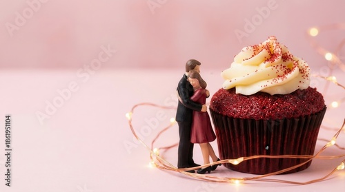 Romantic couple figurine embracing next to a large red velvet cupcake with white frosting and red sprinkles