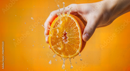 Juicy orange half with water splashes held by a hand on vibrant orange background