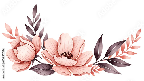 Modern vector watercolor-style floral and leaf wallpaper with layered petals and foliage, elegant nature-inspired background creating depth without gradients for premium design use