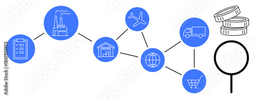 Logistics strategy, supply chain, data analysis, global trade, e-commerce, process management. Diagrams with factories, transportation and magnifying glass. Supply chain and logistics strategy