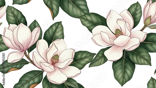 Modern vector watercolor-style botanical wallpaper with magnolia flowers and large leaves, refined luxury floral nature background ideal for premium interior and branding projects