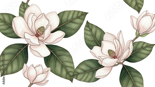 Modern vector watercolor-style botanical wallpaper with magnolia flowers and large leaves, refined luxury floral nature background ideal for premium interior and branding projects