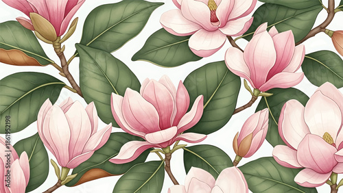 Modern vector watercolor-style botanical wallpaper with magnolia flowers and large leaves, refined luxury floral nature background ideal for premium interior and branding projects